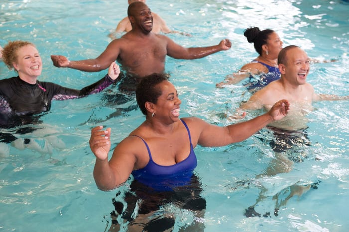 fitness members in padonia gym swimming pool participating in aquatic classes